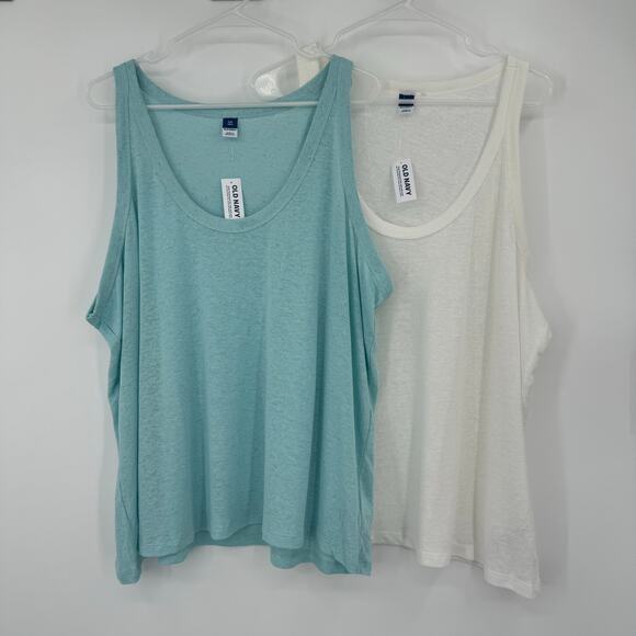 Old Navy tank tops bundle (2) linen blend blue white scoop neck XXL tall NEW - Picture 1 of 9